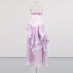 Light purple tiered lace maxi slip dress on mannequin with ruffle layers