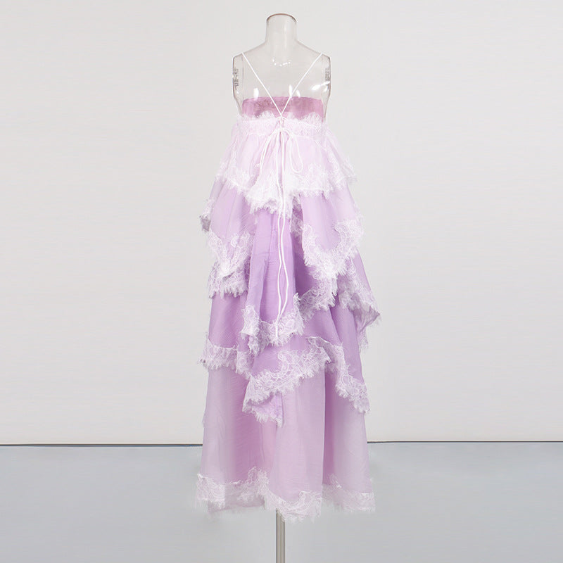Light purple tiered lace maxi slip dress on mannequin with ruffle layers