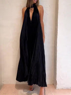 Black pleated V-neck halter maxi dress, sleeveless open front