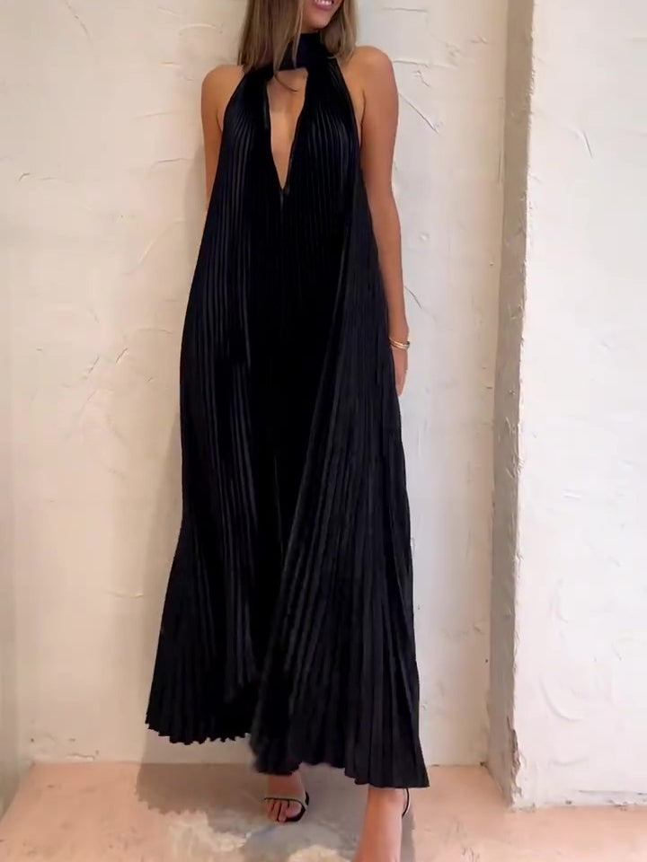 Black pleated V-neck halter maxi dress, sleeveless open front