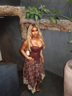 Brown corset top and plaid asymmetrical skirt set, fitted bodice and flowing plaid wrap