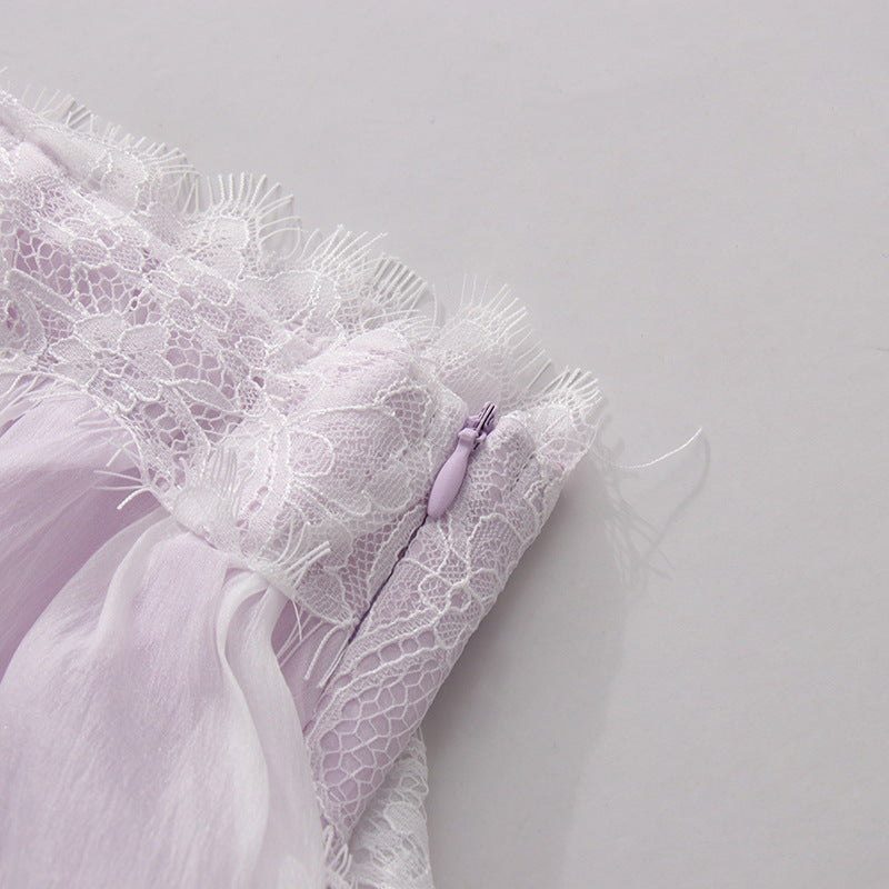 Lavender lace ruffle and floral appliqué detail on maxi slip dress