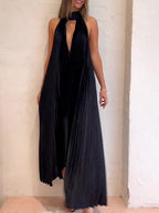 Black pleated V-neck halter maxi dress with open keyhole front