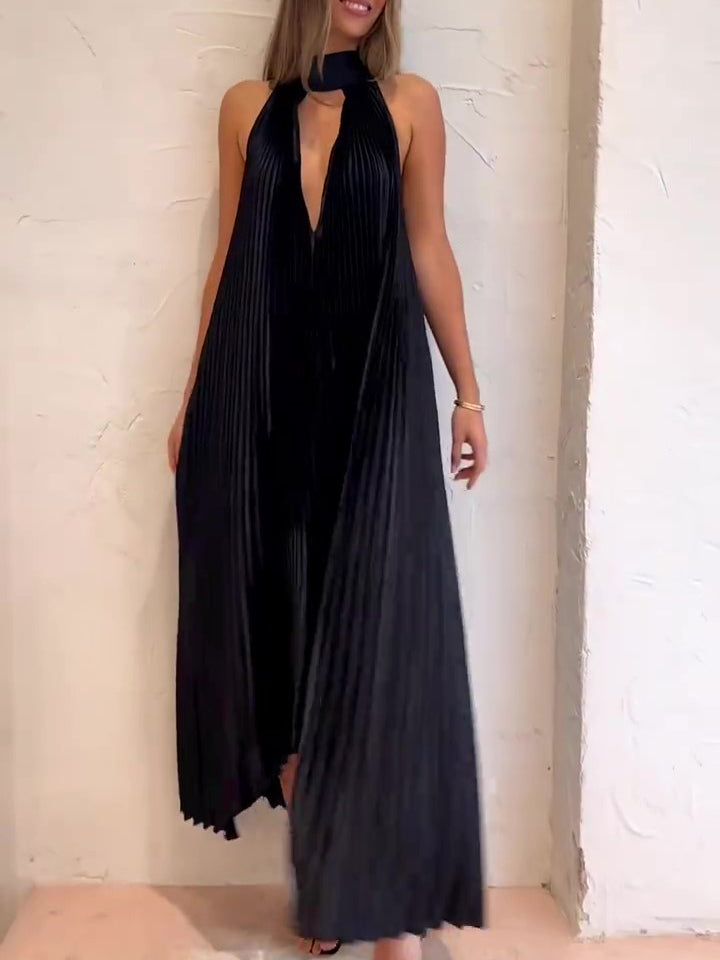 Black pleated V-neck halter maxi dress with open keyhole front