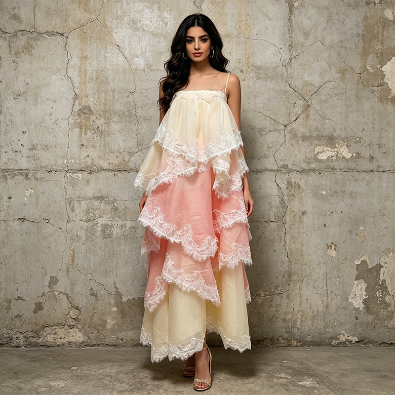 Pink and cream tiered lace maxi slip dress with spaghetti straps