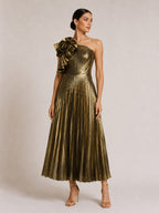 Gold one-shoulder pleated midi dress with 3D floral applique