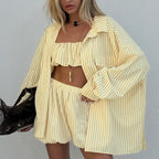 Yellow striped lounge jacket with ruffle crop top and gathered high-waist shorts