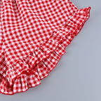 Red and white gingham ruffled sleeve hem with gathered ruffle trim