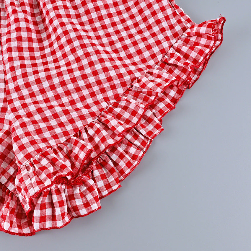 Red and white gingham ruffled sleeve hem with gathered ruffle trim