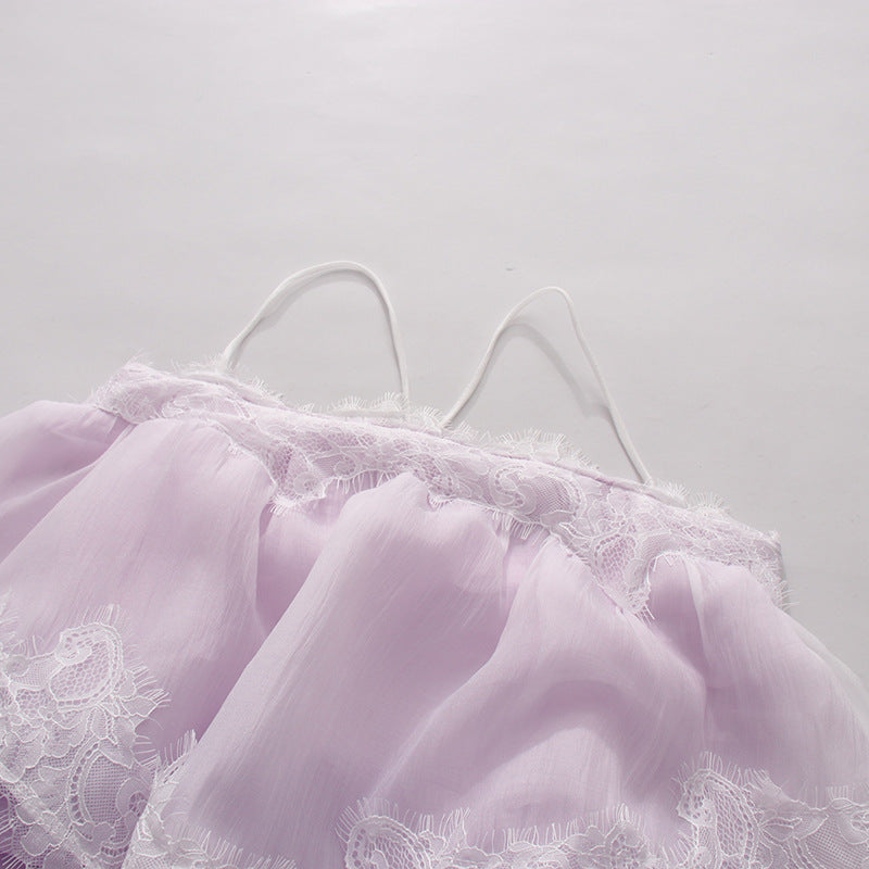 Lavender lace neckline and spaghetti straps on a tiered maxi slip dress