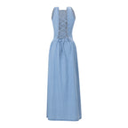 Light blue denim maxi dress with square neckline and crisscross lace-up back detail