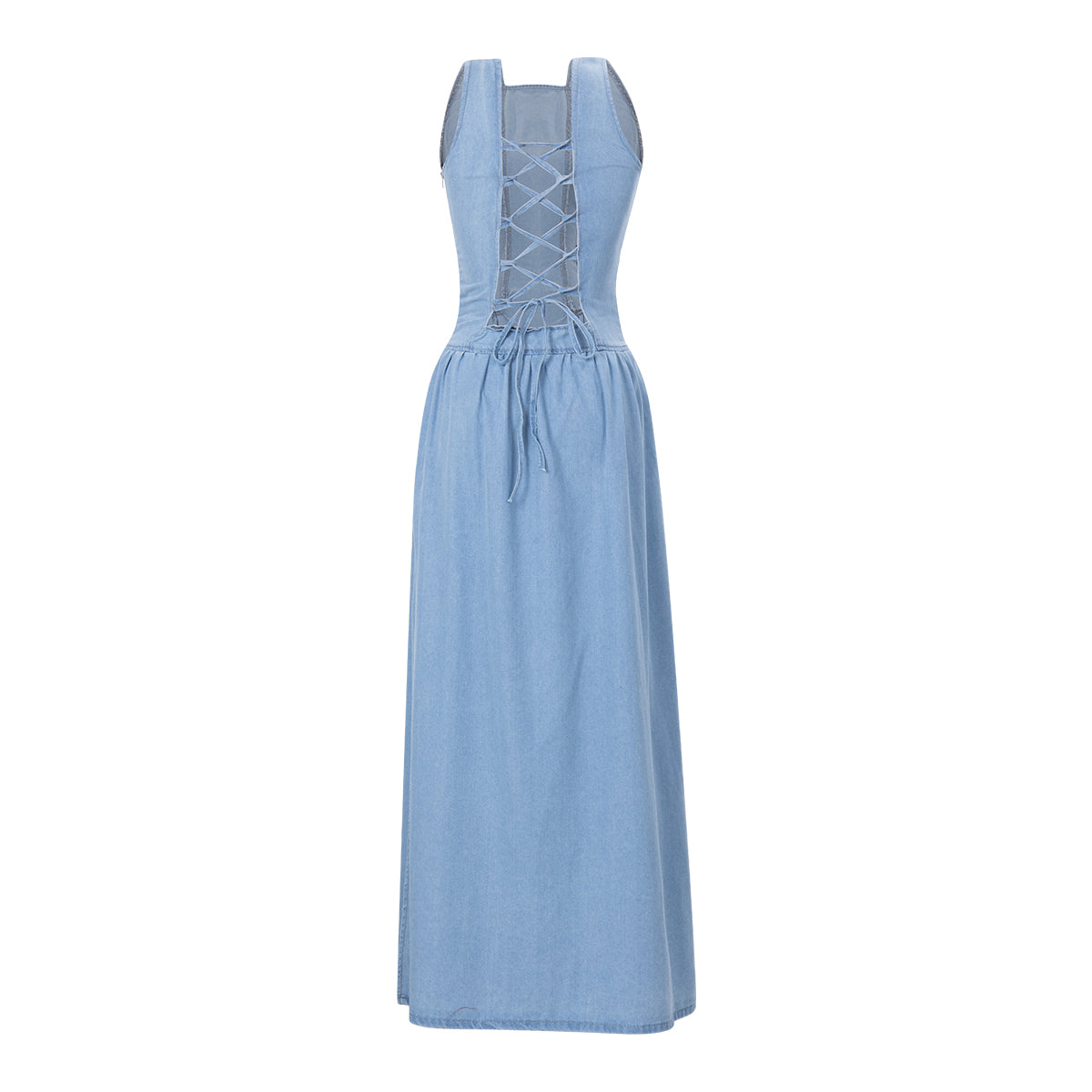 Light blue denim maxi dress with square neckline and crisscross lace-up back detail