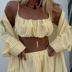 Yellow striped ruched crop top and high-waist shorts with gathered ruffles
