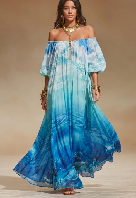 Blue off-shoulder ocean print maxi dress with elastic neckline and puff sleeves