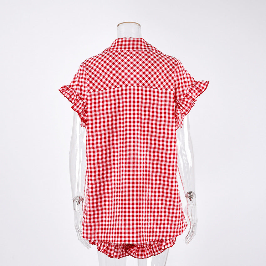 Red gingham ruffle-sleeve shirt and high-waisted shorts set, back view