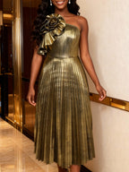 Gold one-shoulder pleated midi dress with 3D floral applique at neckline