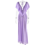 Lavender ruffle V-neck tie maxi dress, back tie straps, short flutter sleeves