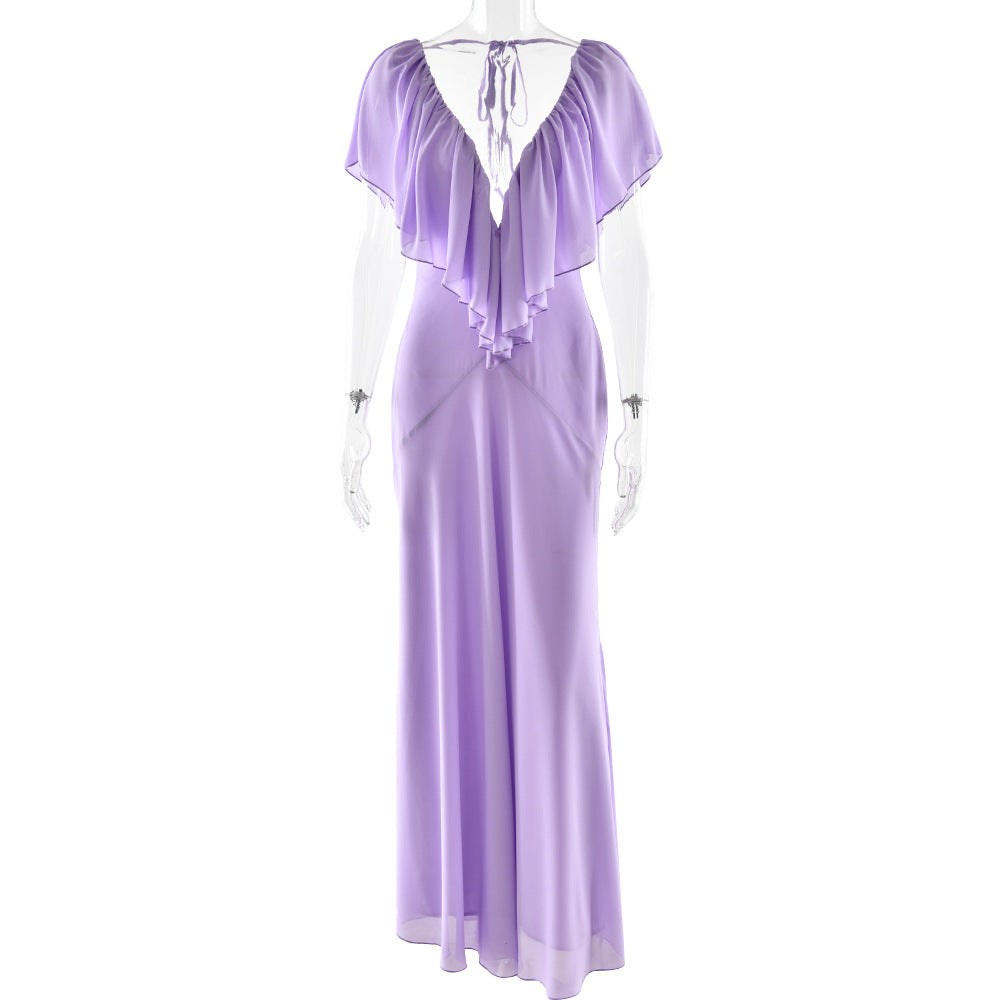 Lavender ruffle V-neck tie maxi dress, back tie straps, short flutter sleeves