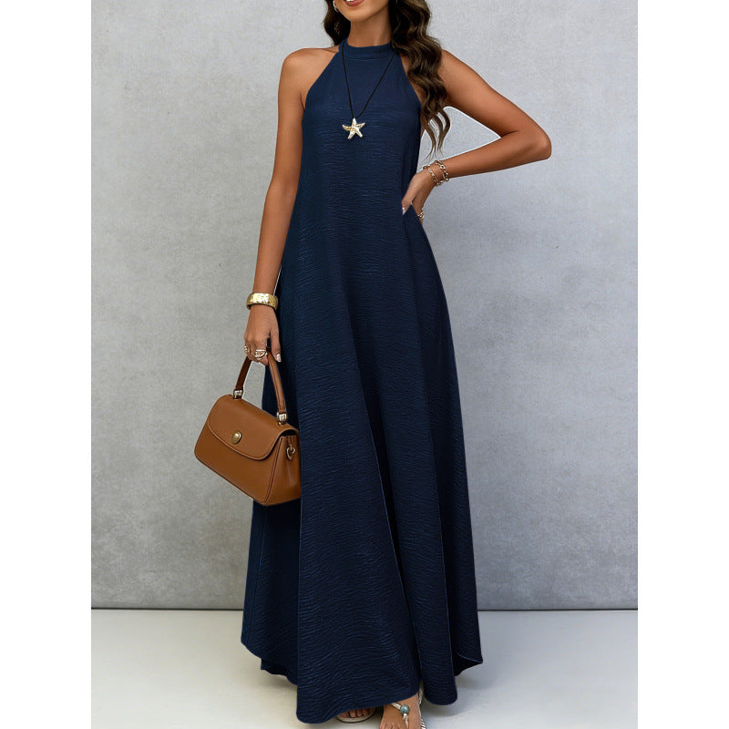 Plus-size sleeveless solid maxi dress, loose fit, dark navy blue