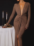Brown sequin deep V long-sleeve dress with knotted pleated front and leg slit