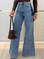 Light blue high-waist flared jeans, front view with cargo-style patch pockets