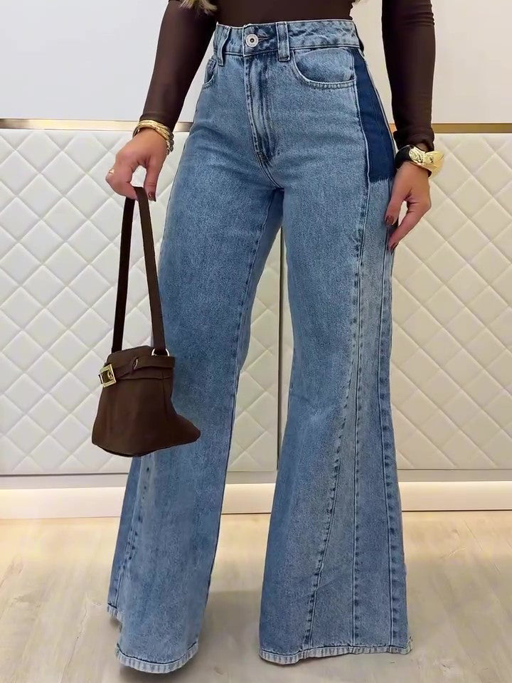 Light blue high-waist flared jeans, front view with cargo-style patch pockets