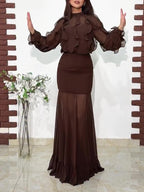 Ruffled dark brown chiffon blouse and mermaid maxi skirt set with flutter sleeves