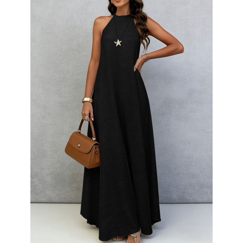 Black sleeveless maxi dress with loose A-line silhouette and round neckline