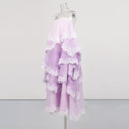 Lavender tiered lace maxi slip dress on mannequin with spaghetti straps