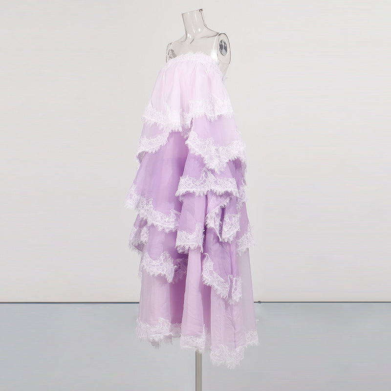 Lavender tiered lace maxi slip dress on mannequin with spaghetti straps