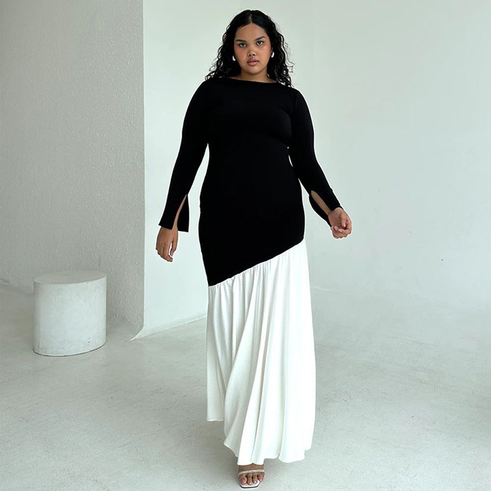 Round-neck long-sleeve dress, black top with white pleated maxi skirt, angled pose
