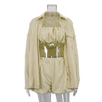 Yellow striped 3-piece lounge set, back view: jacket, ruched crop top, shorts
