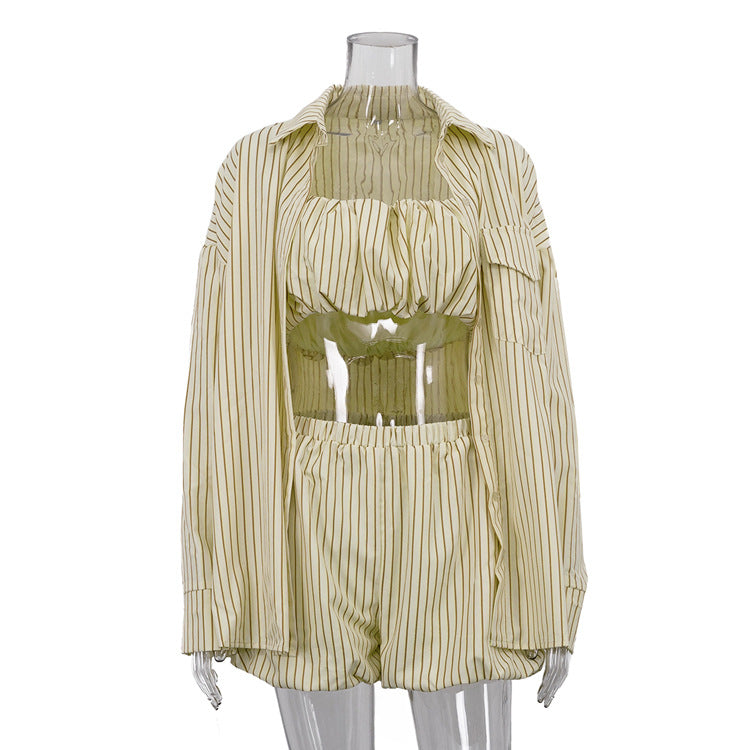 Yellow striped 3-piece lounge set, back view: jacket, ruched crop top, shorts
