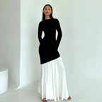Round-neck long-sleeve dress, black fitted top with white flared skirt