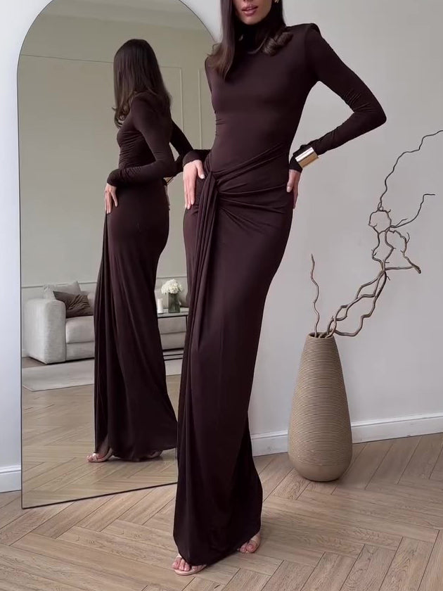 Brown slim long-sleeve maxi dress with ruched waist and side slit