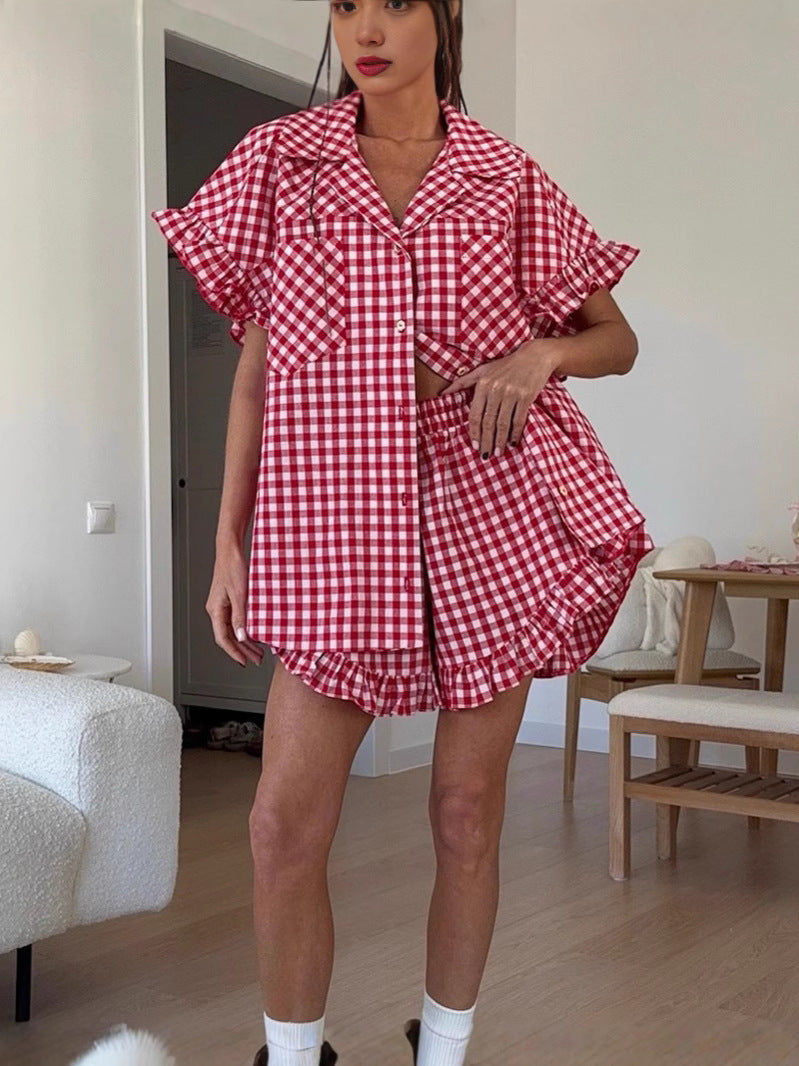 Red gingham ruffled shirt with button front and matching high-waisted shorts