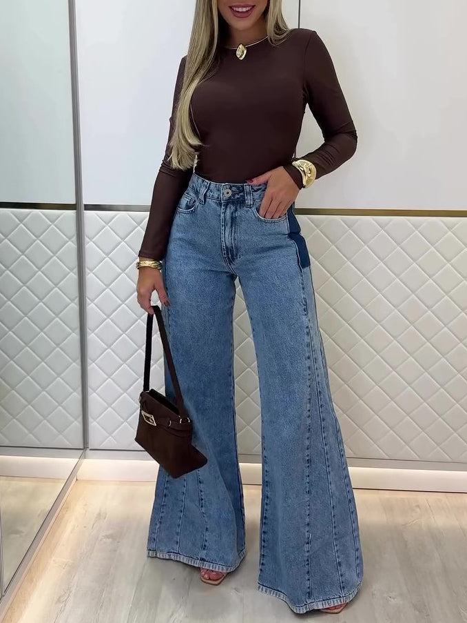 Light blue high-waist flared jeans, front view with button-fly and side pockets