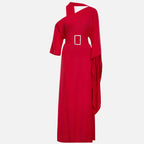 Red one-shoulder maxi gown with wide belt and draped side slit panel