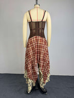 Back view: brown corset top and plaid asymmetrical skirt set with corset-style panels