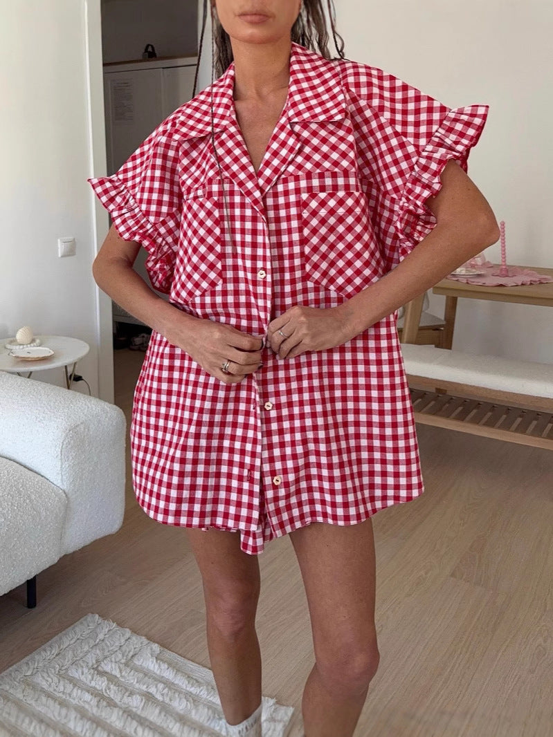Red gingham ruffle-trim shirt and high-waisted shorts set with button placket