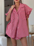 Red gingham button-front shirt and high-waisted shorts set with ruffled shoulders