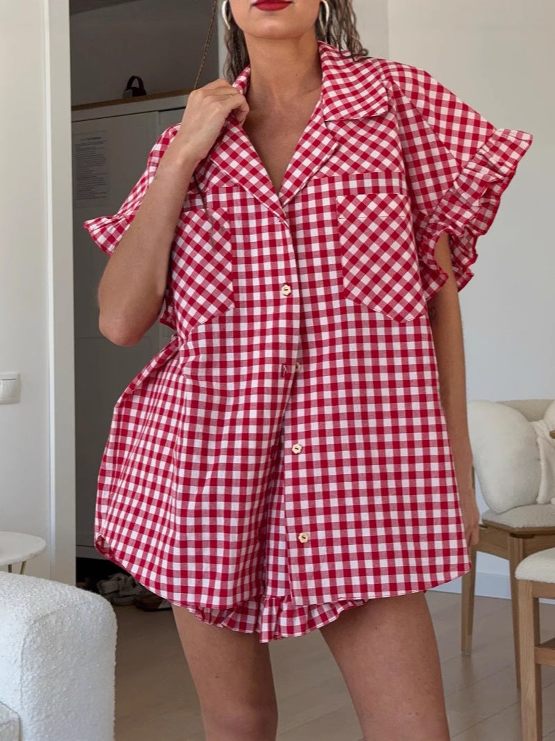 Red gingham button-front shirt and high-waisted shorts set with ruffled shoulders