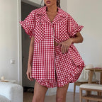 Red gingham ruffled button-front shirt with high-waisted shorts, flutter sleeves