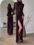 Brown fitted long-sleeve maxi dress with high side slit and gathered front