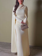 Light apricot long-sleeve maxi dress with draped neckline and slim fitted bodice