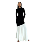 Round-neck long-sleeve dress with black bodice and white pleated skirt