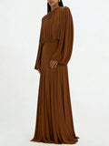 Coffee brown pleated maxi dress with long sleeves and gathered waist