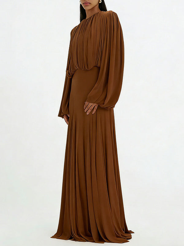 Coffee brown pleated maxi dress with long sleeves and gathered waist