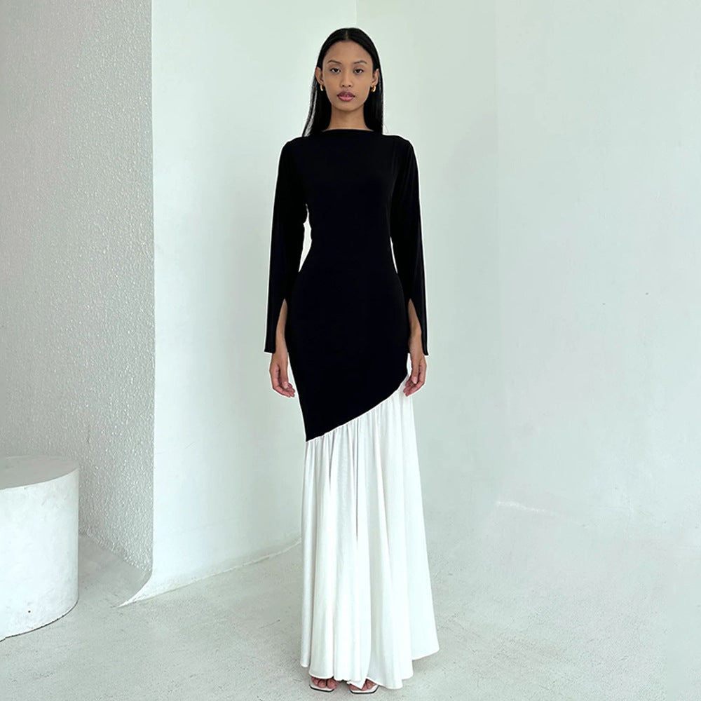 Front-view round-neck long-sleeve dress, black fitted bodice and white pleated skirt