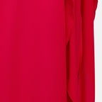 Red maxi gown side drape with vertical seam and slit opening